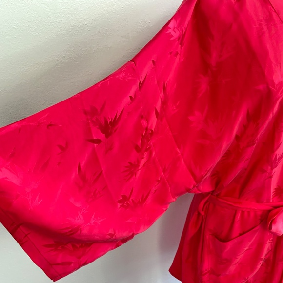 Hot Pink Chinese Peignoir Kimono Short Robe Large Bamboo Leaves Tie Belt Pockets - Picture 5 of 16